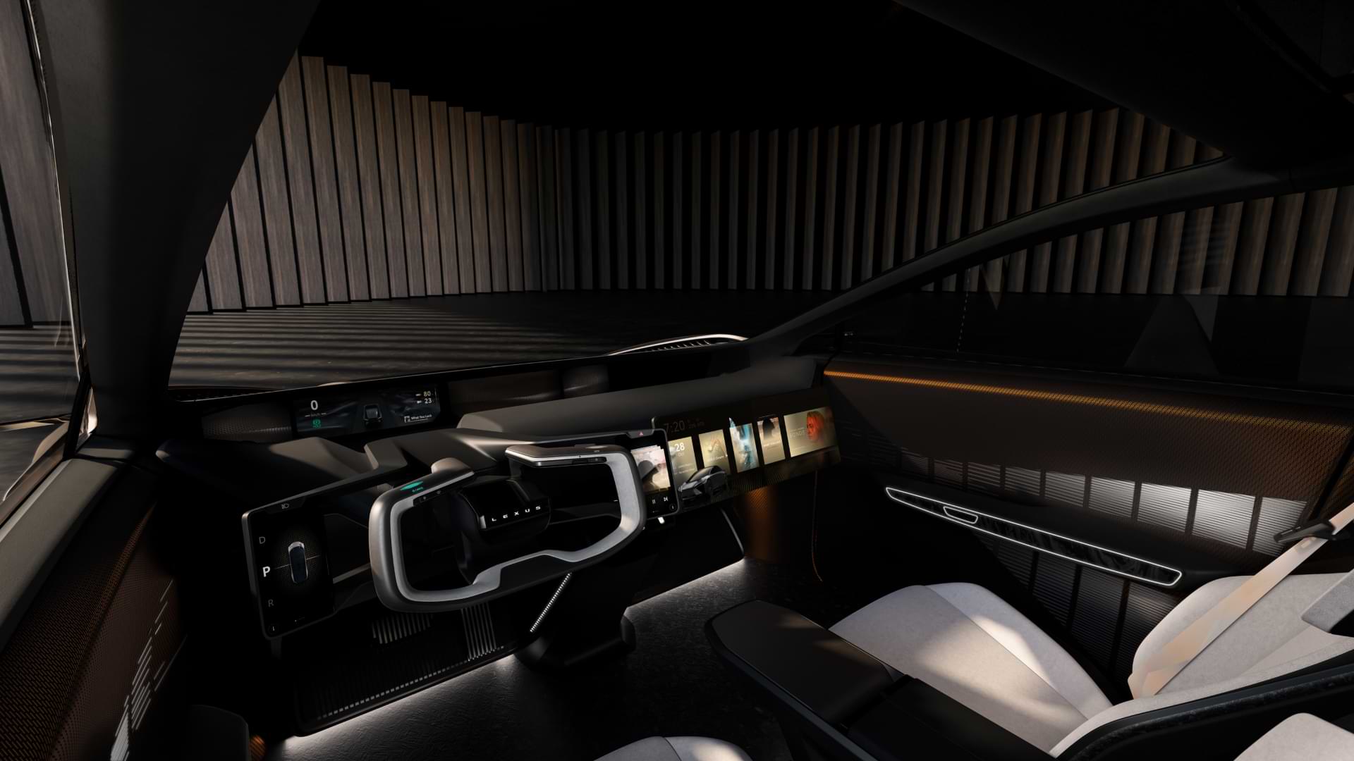 Interior of a car with lights and dashboard.